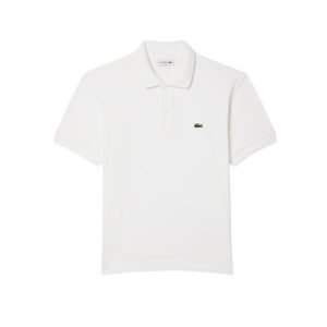 Men's white polo T-shirt with short sleeves and a classic collar on a plain background.