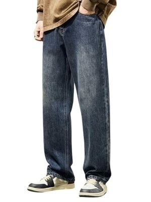 GRECIILOOKS men's relaxed fit straight-leg denim jeans with a high-waist drawstring design, offering a comfortable baggy fit for casual everyday wear.