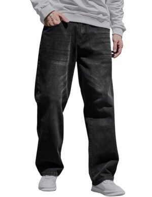 Men wearing baggy fit high-rise denim jeans with a loose relaxed fit, styled for casual streetwear fashion and everyday comfort.